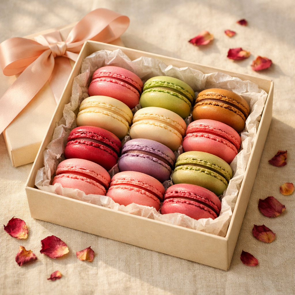 Hediyelik makaron kutusunun açılmış sunumu