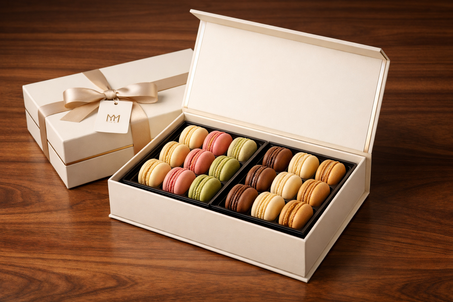 Marka etiketli kurumsal makaron kutusu sunumu